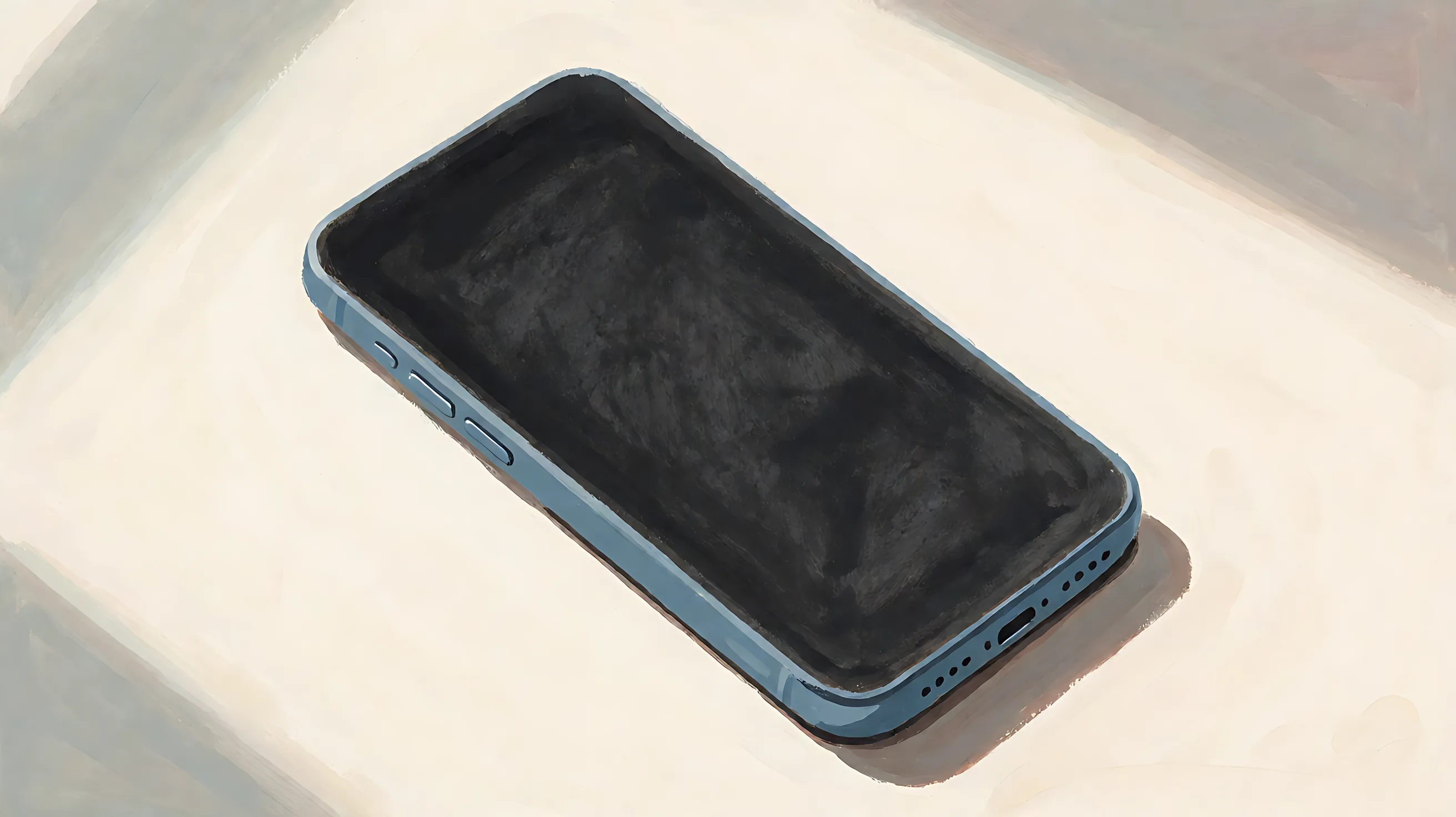 A phone lying flat, charcoal panel, muted blue rim
