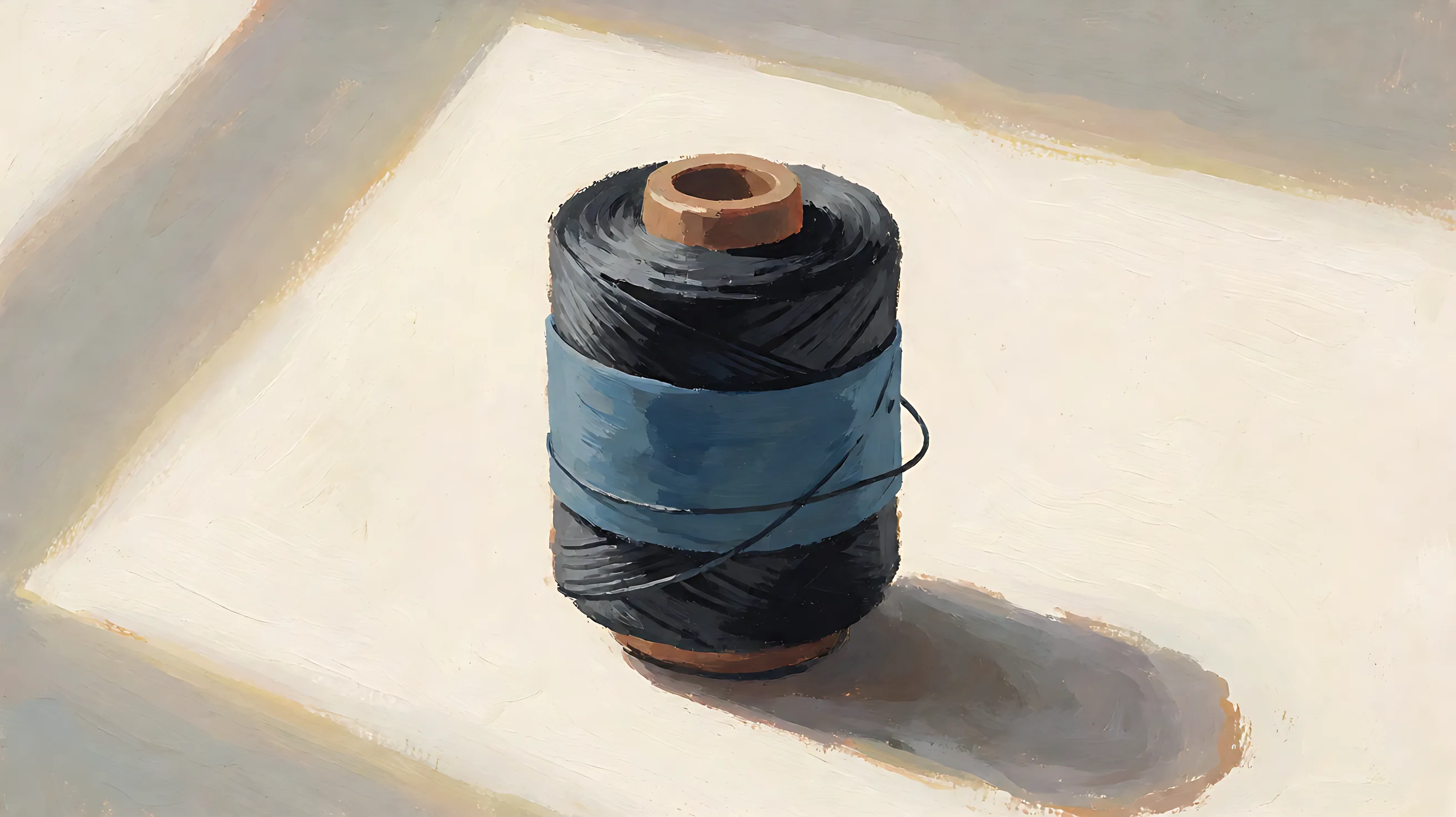 A standing spool, charcoal thread, one muted blue band