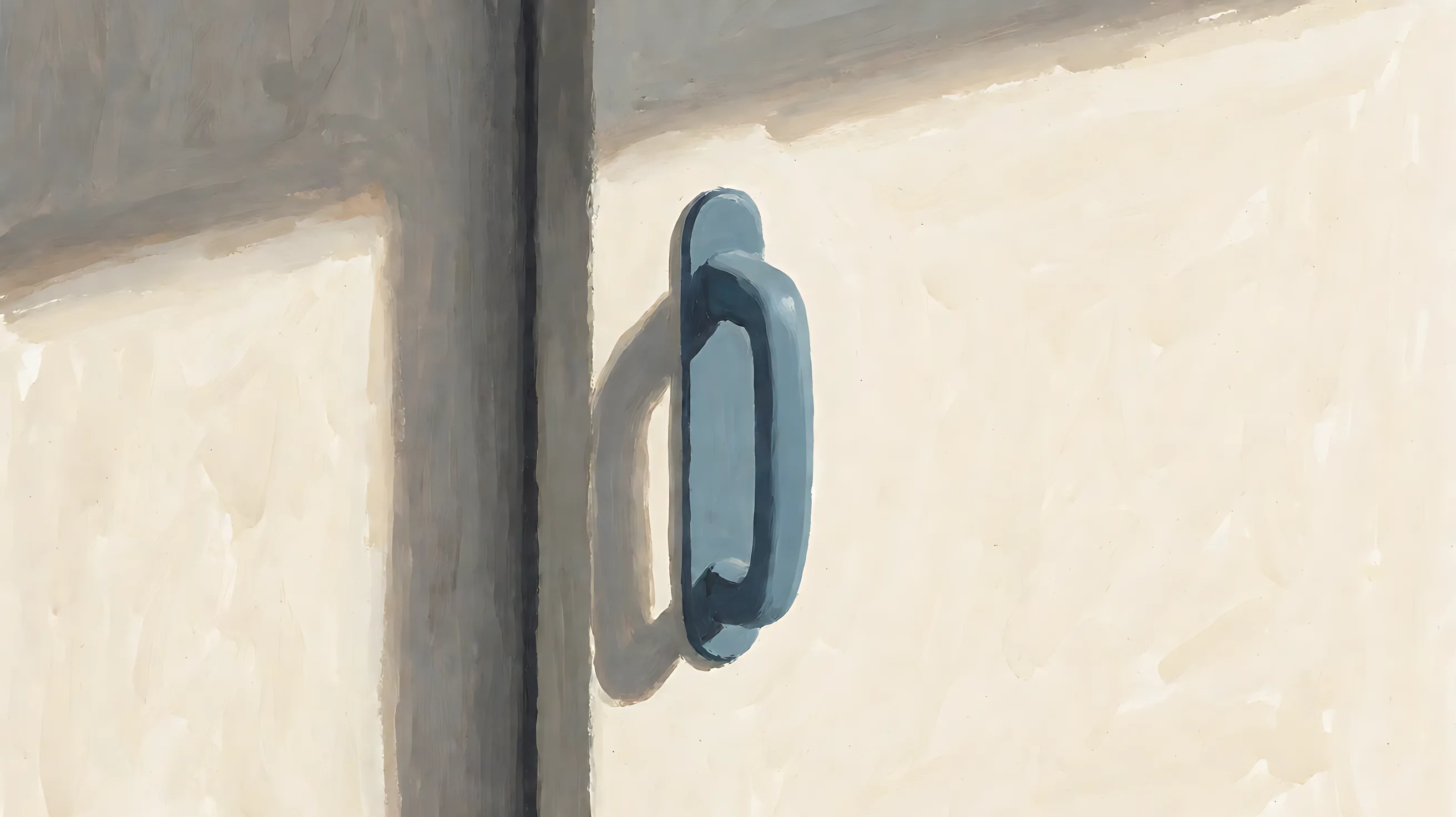 A closed shutter, charcoal edge, muted blue pull