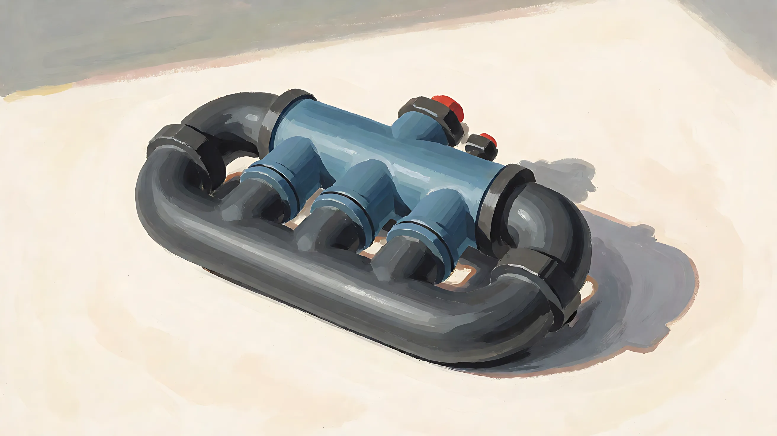 A cooling manifold, charcoal pipes, a muted blue header, one small oxide-red cap