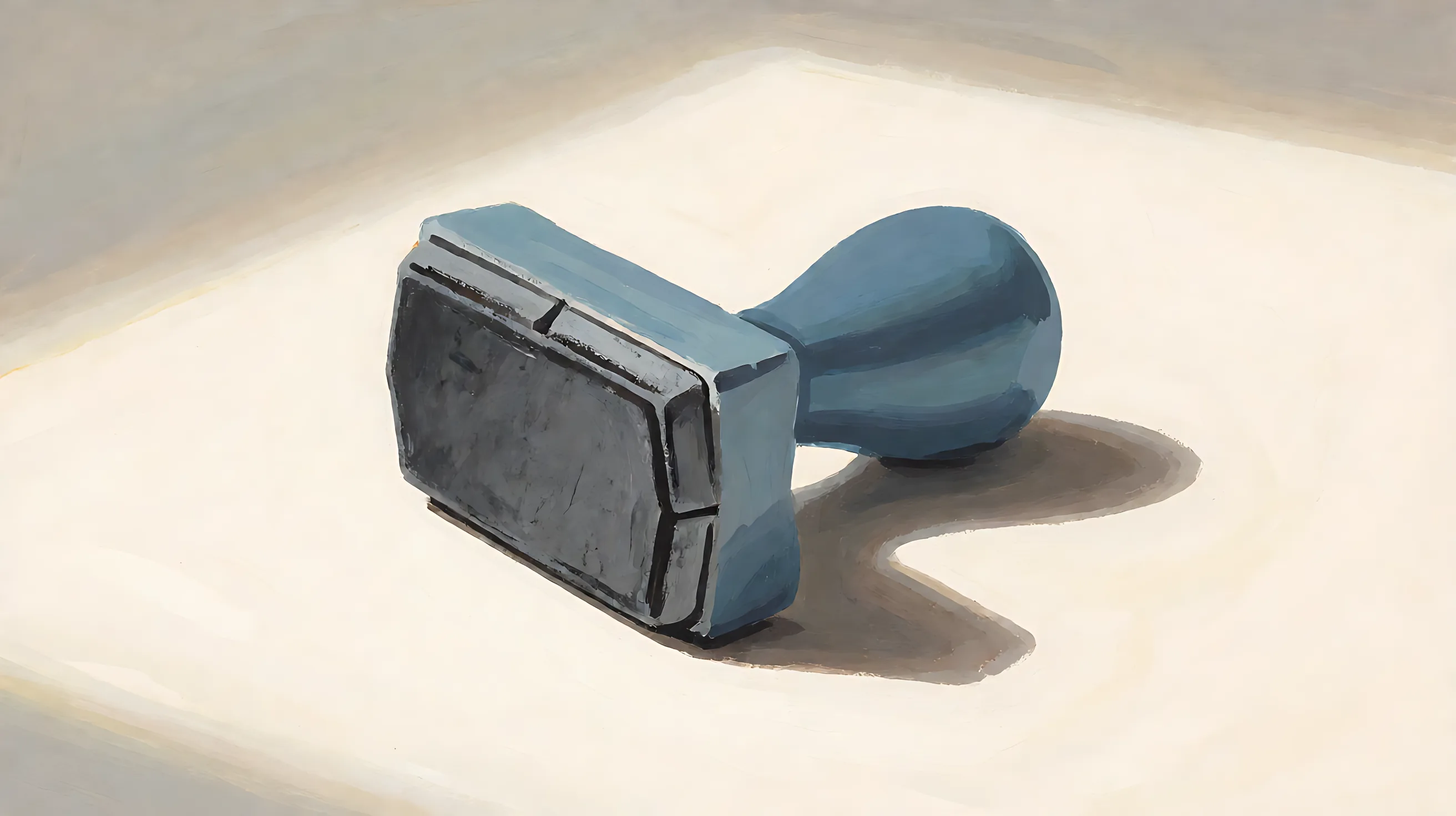 A charcoal stamp on its side, blank face, muted blue handle