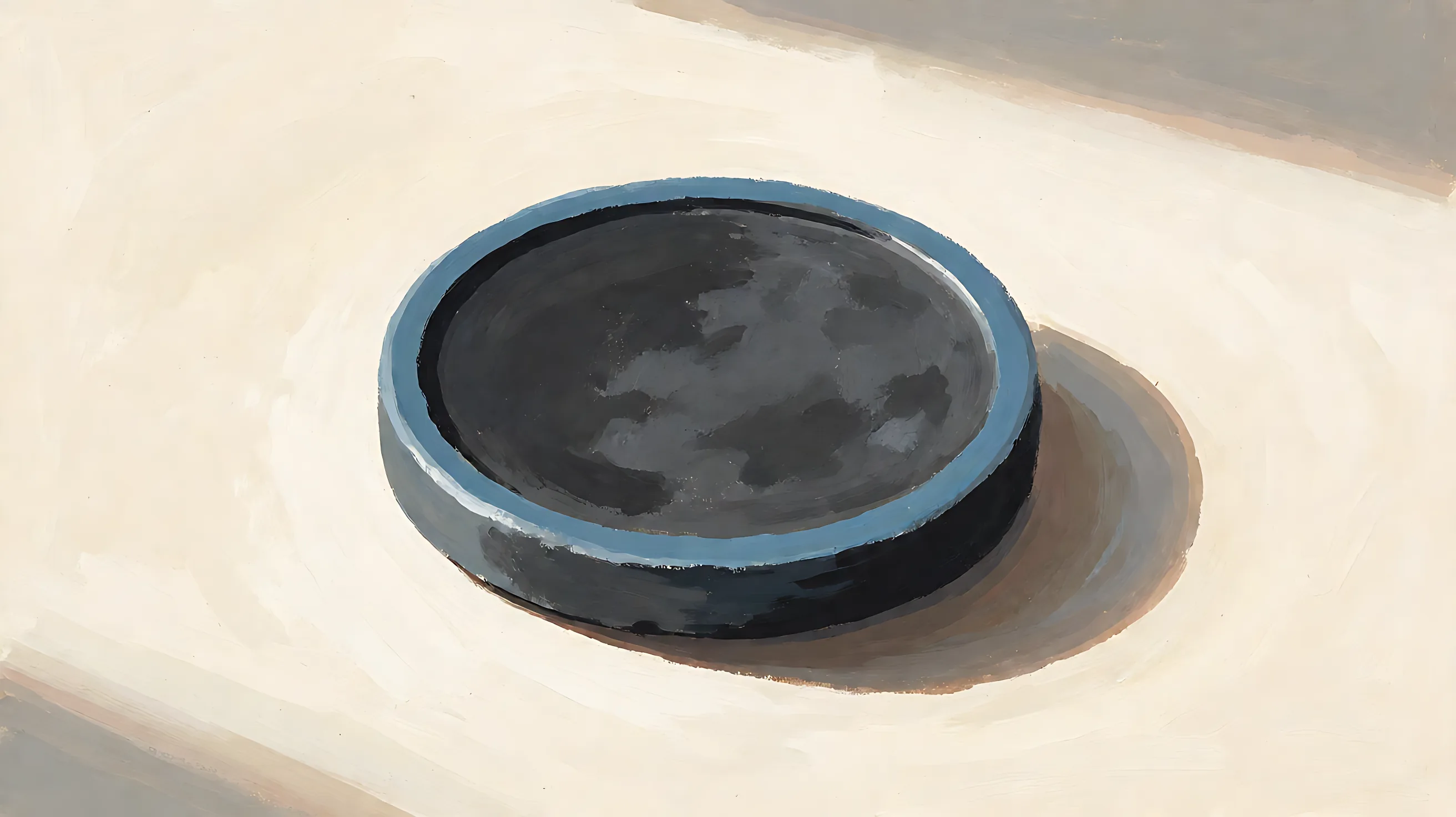 A charcoal disc lying flat, blank face, one muted blue rim