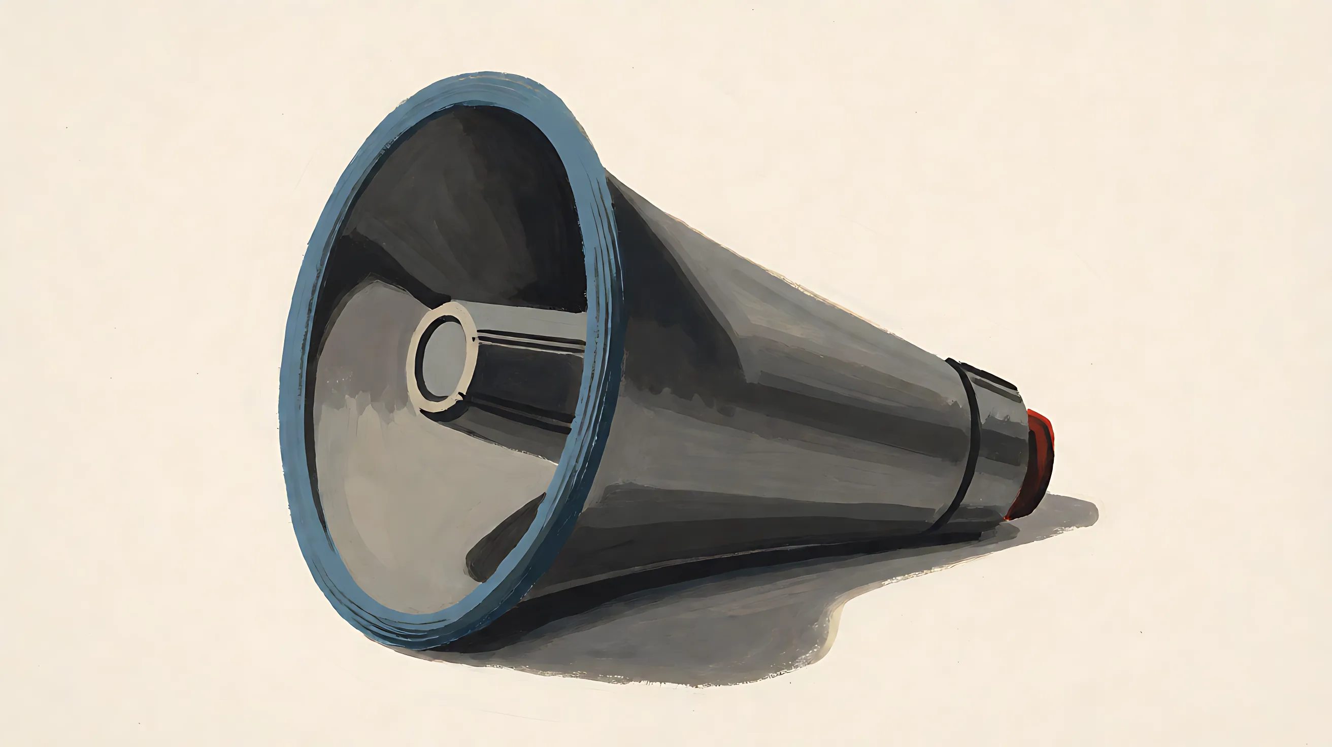 A charcoal megaphone lying down, one muted blue rim, a small oxide-red tip