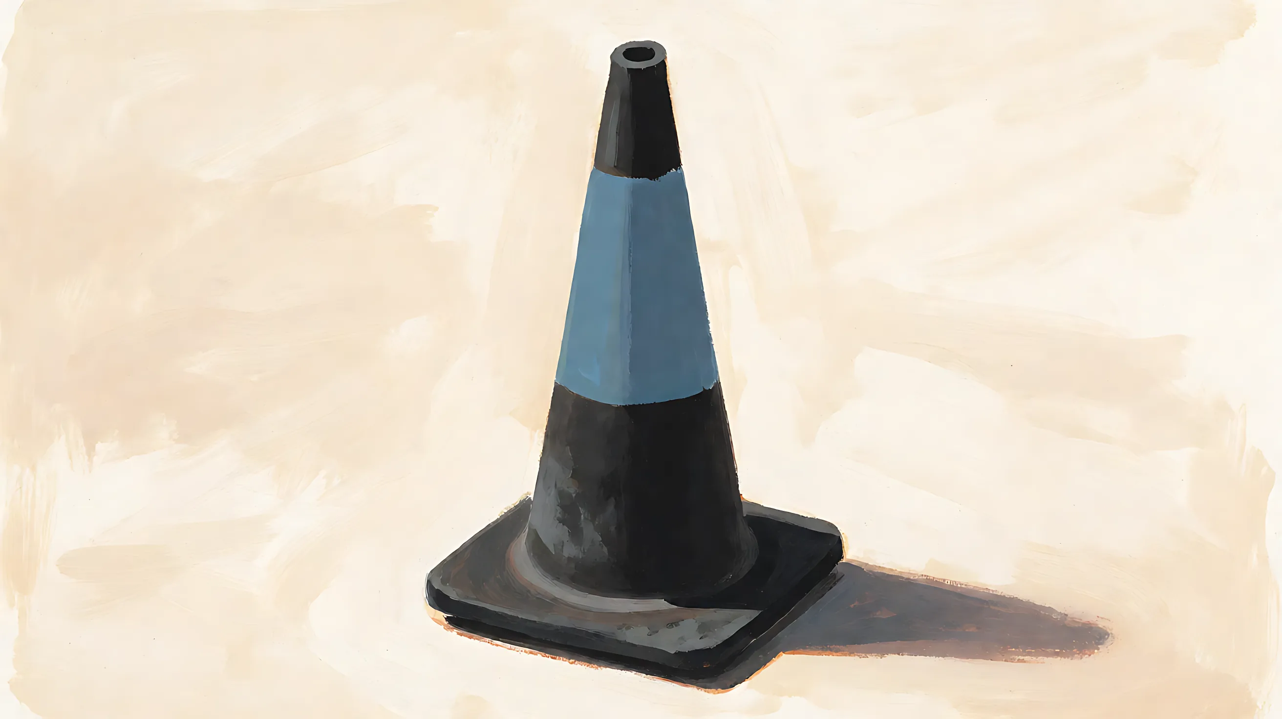 A standing charcoal road cone, one muted blue band