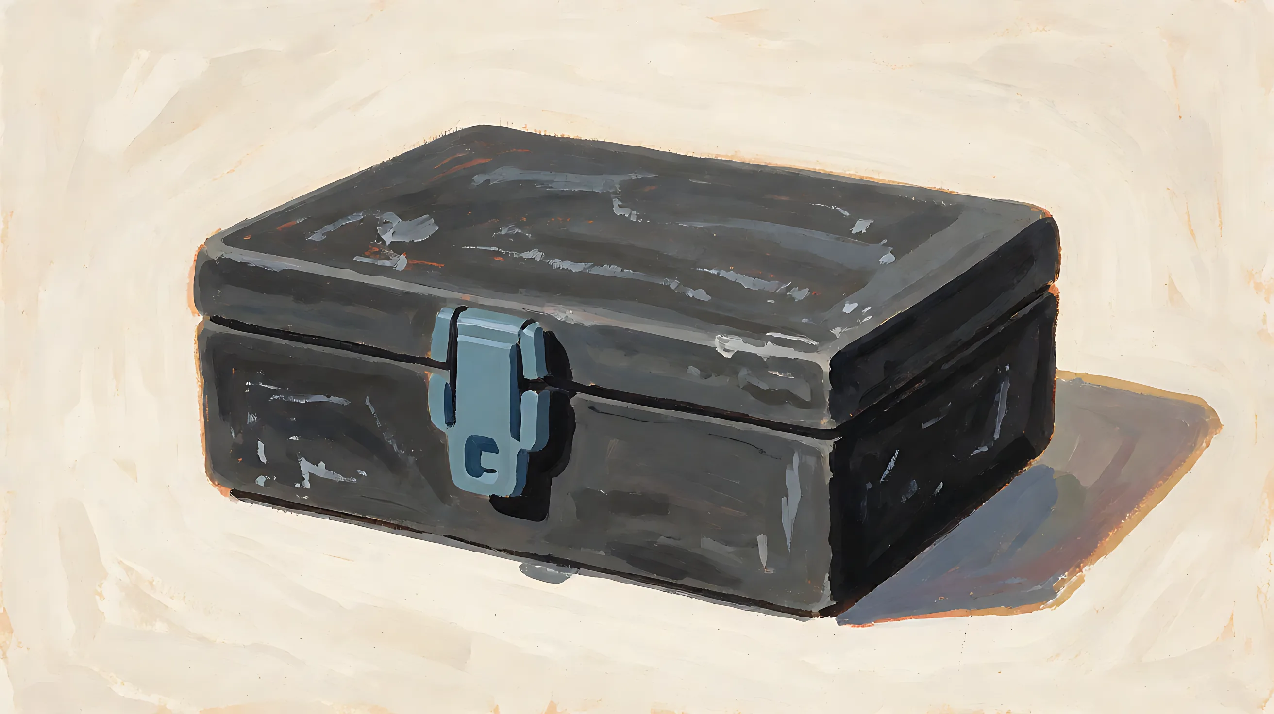 A closed charcoal box, blank lid, muted blue latch