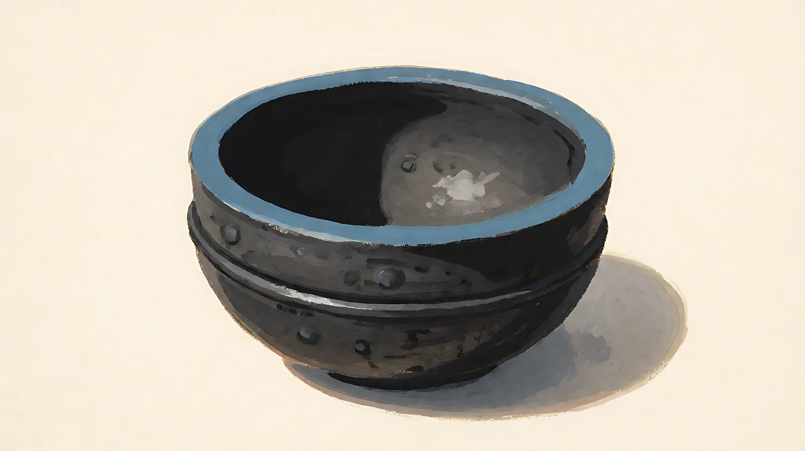 A charcoal bowl, blank inside, one muted blue rim