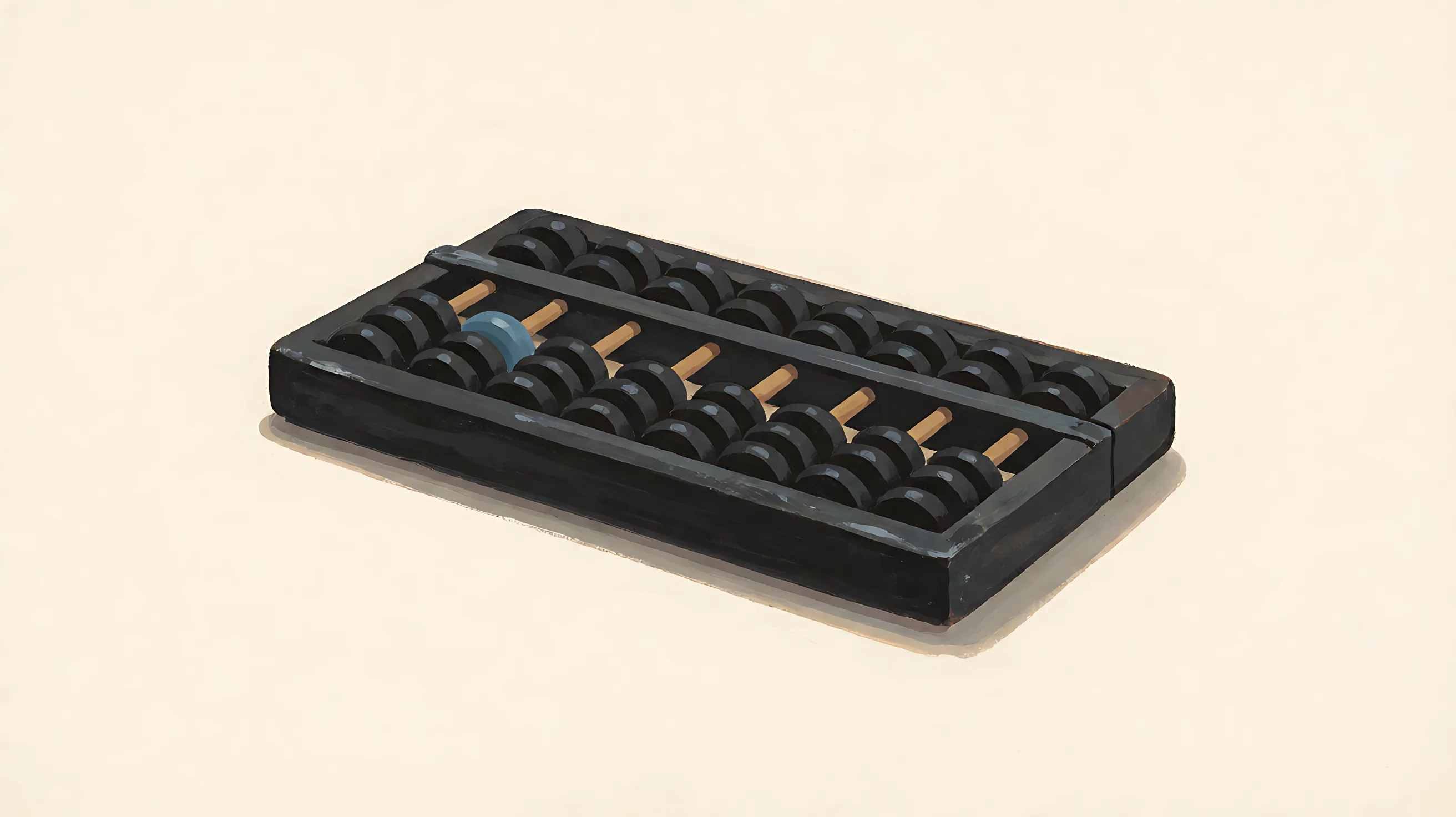 A flat charcoal abacus, blank beads, one muted blue bead