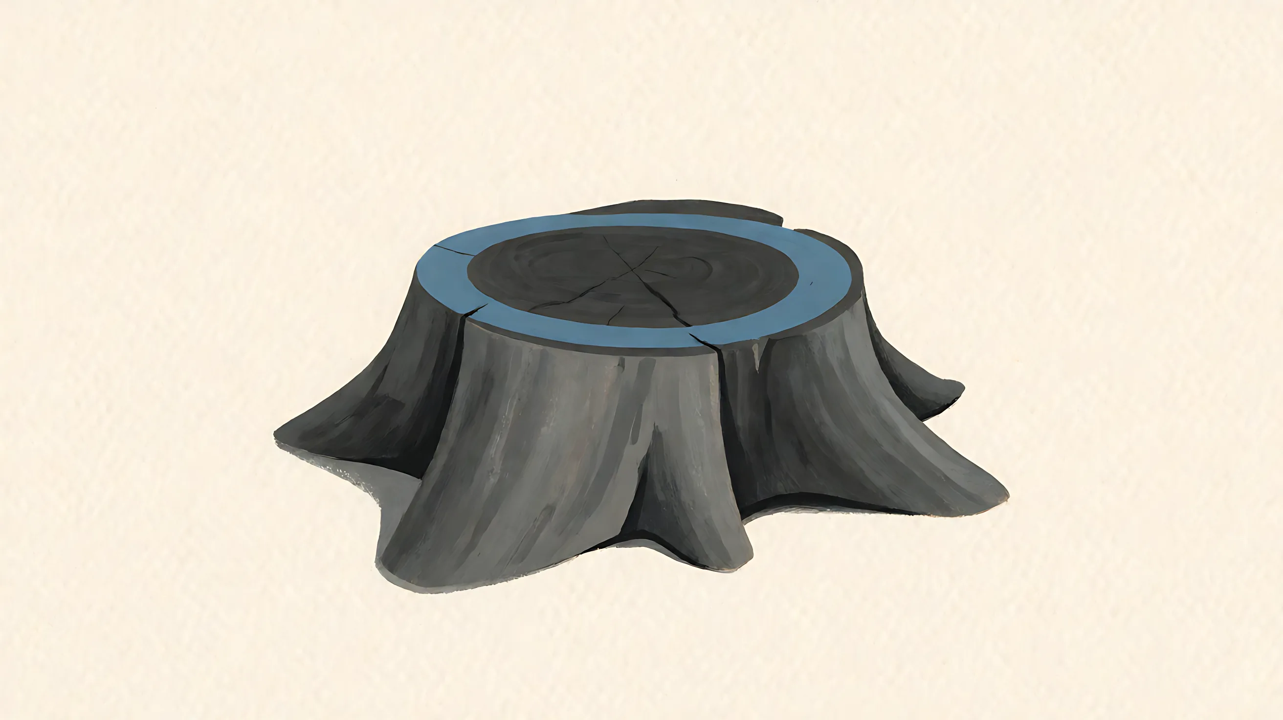 A charcoal tree stump, blank top, one muted blue ring