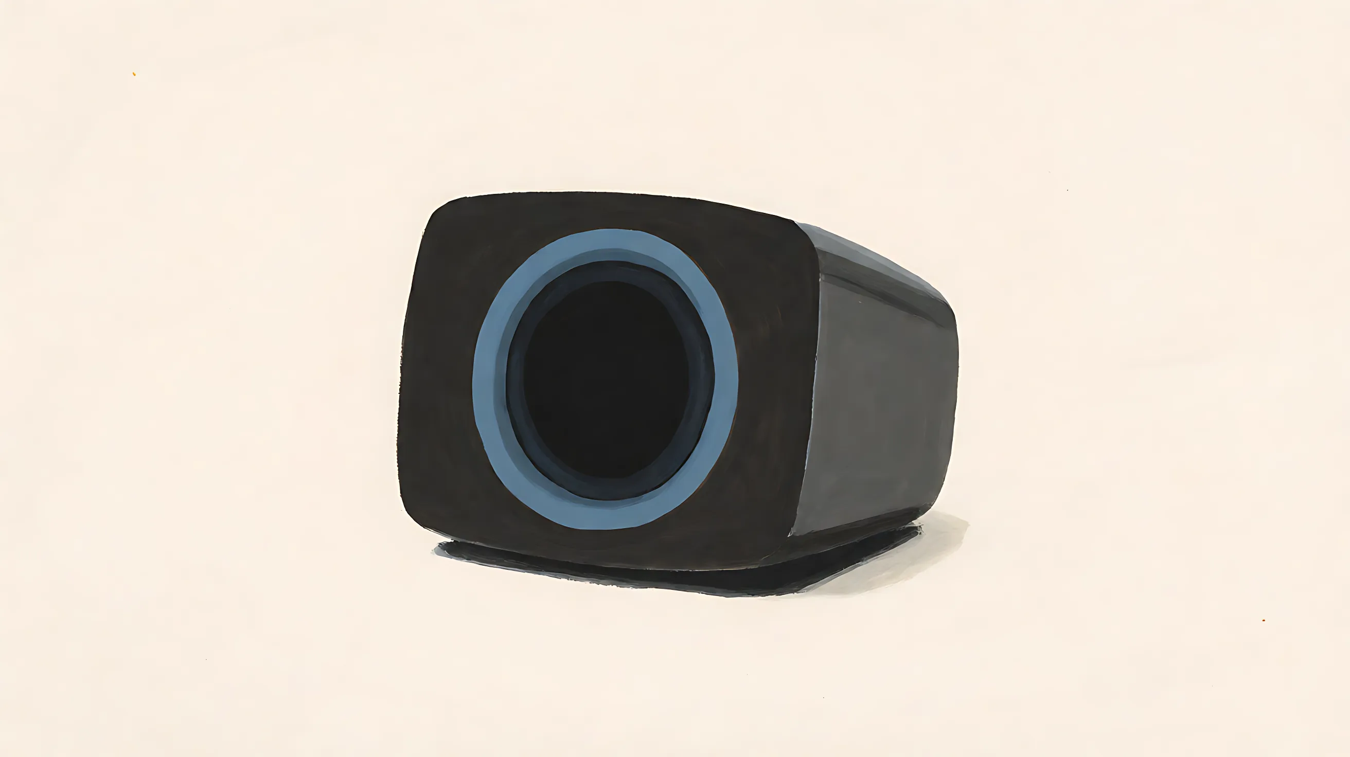 A charcoal speaker lying on its side, blank grille, one muted blue ring