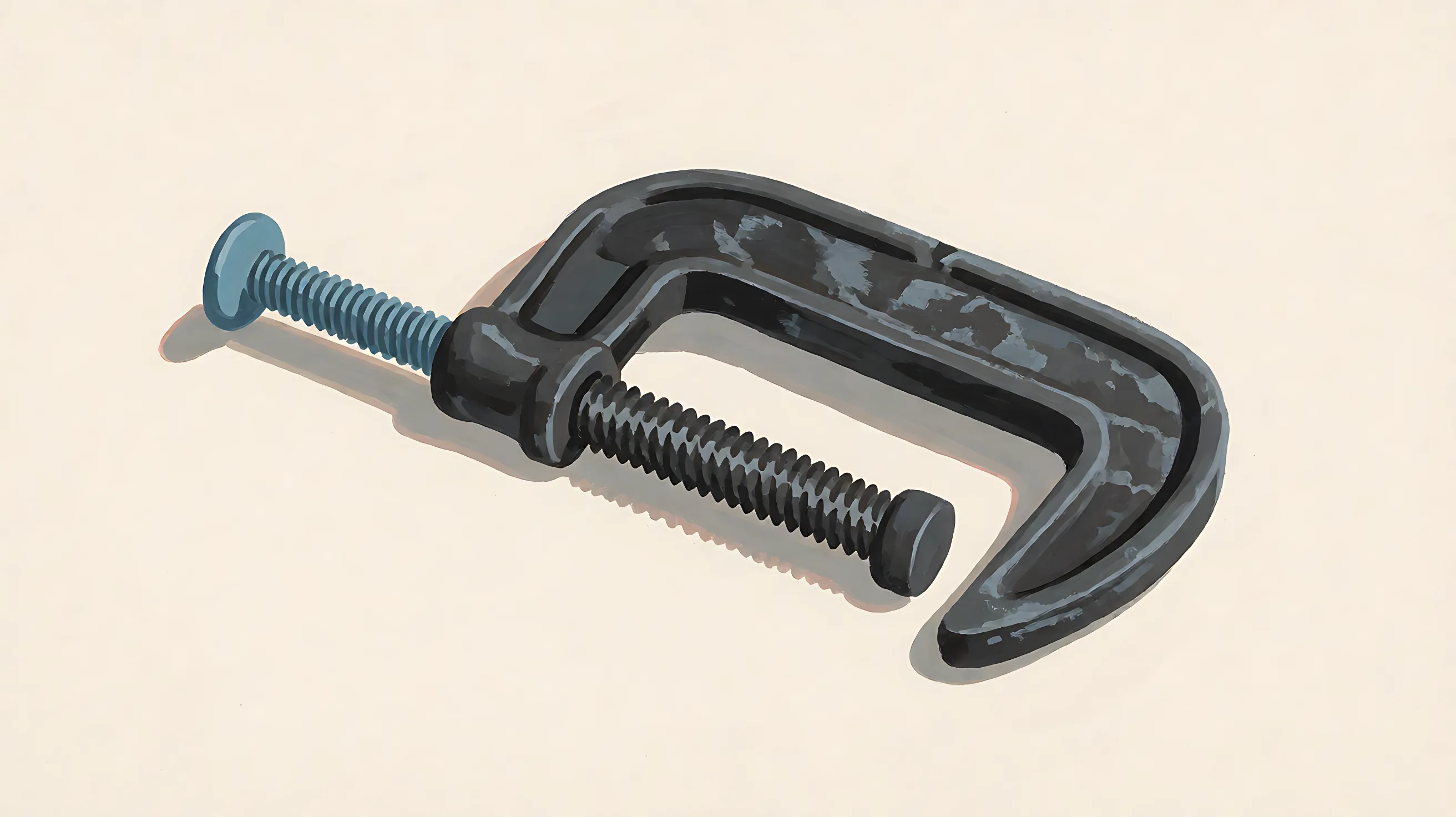 A charcoal clamp, one muted blue screw