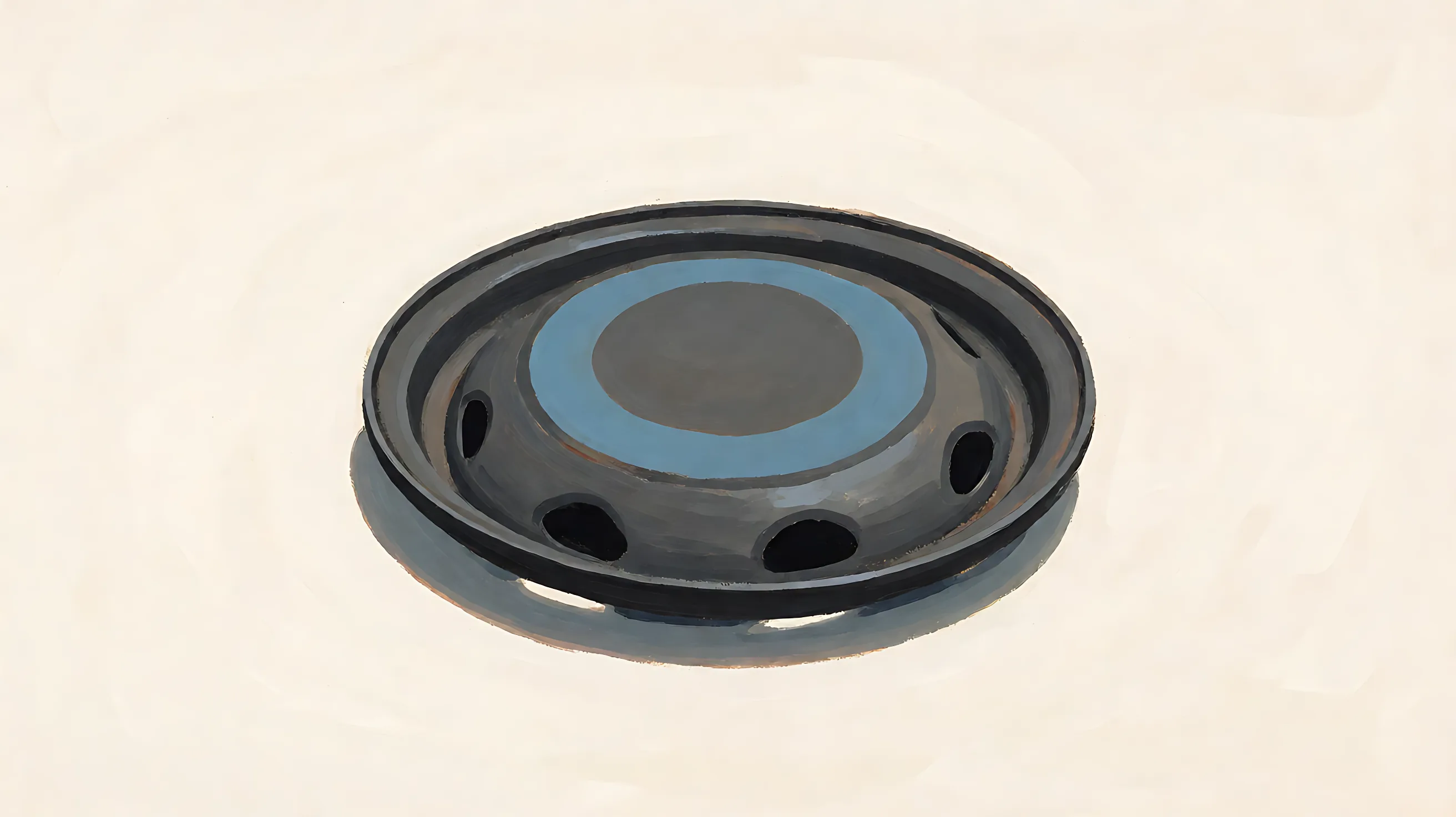 A charcoal hubcap lying flat, blank center, one muted blue ring