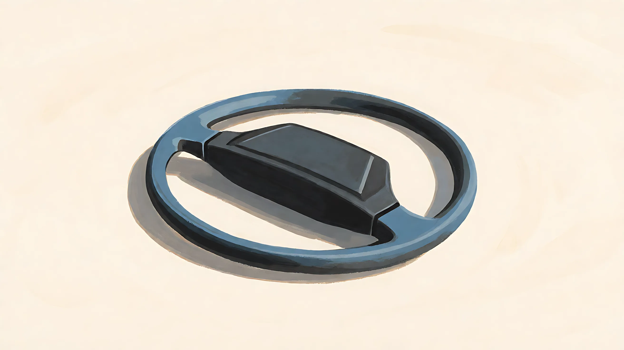 A charcoal steering wheel lying flat, blank hub, one muted blue edge