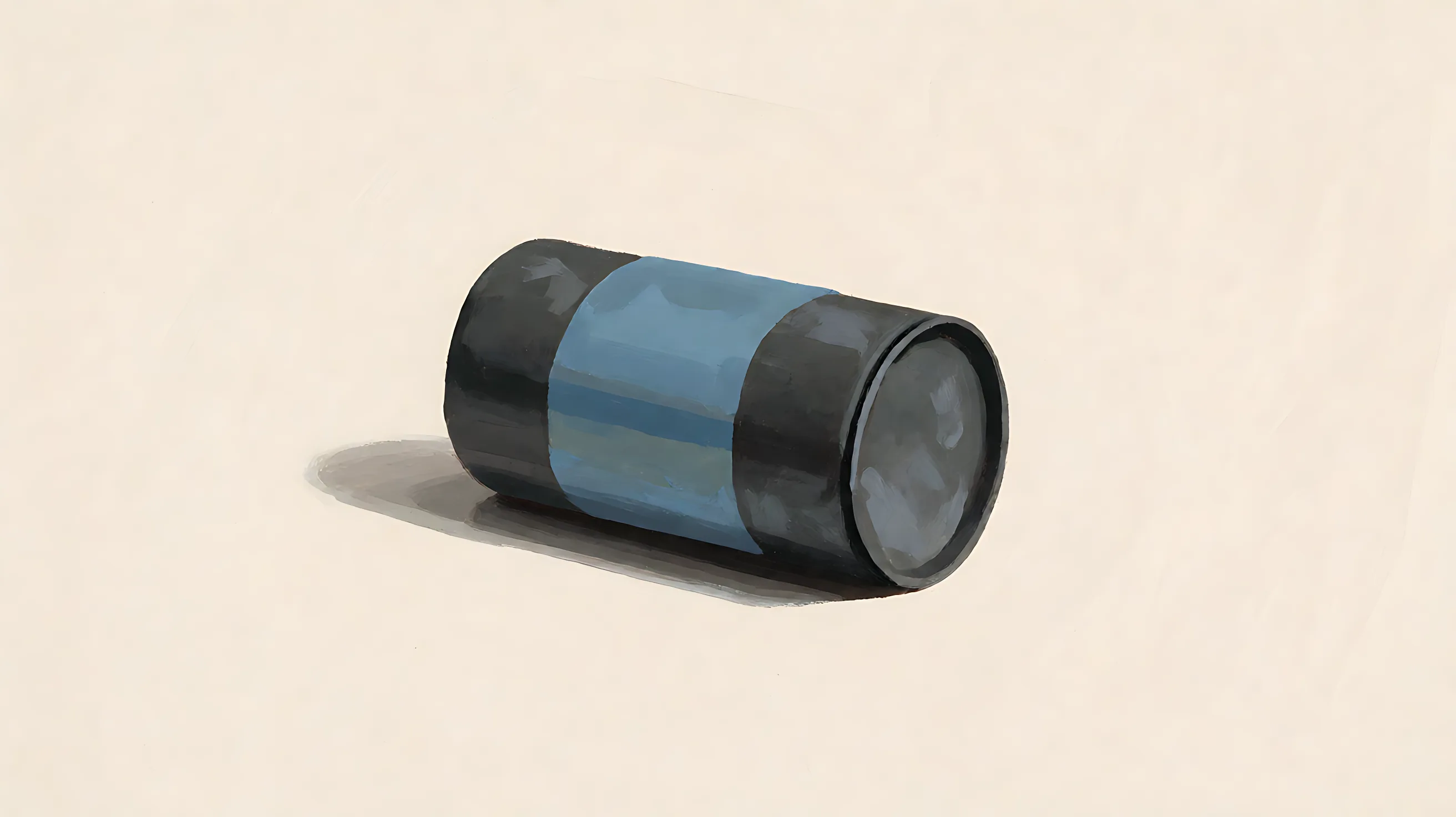 A closed charcoal cylinder on its side, one muted blue band