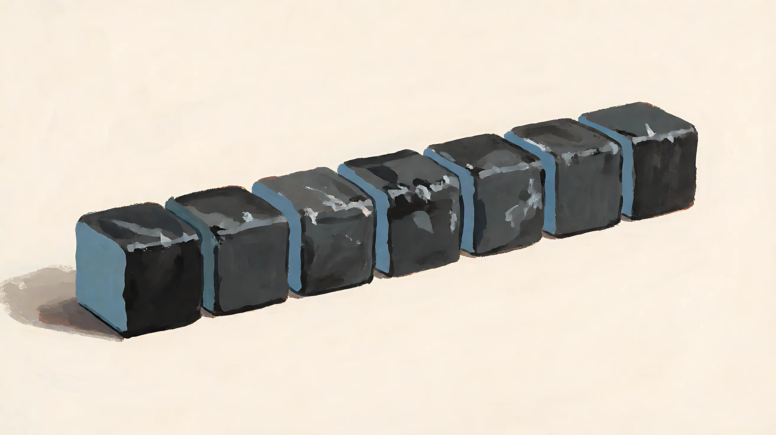 A short row of closed charcoal cubes with muted blue edges