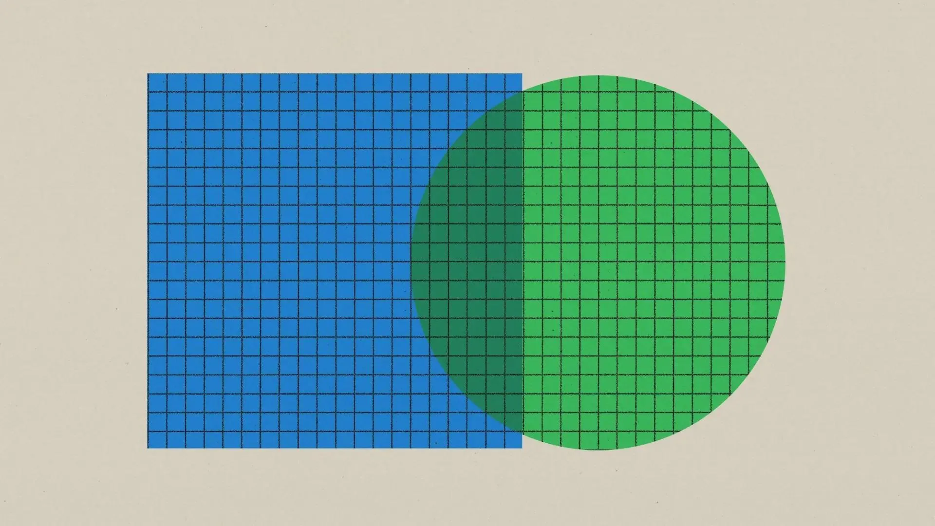 Anthropic illustration of a blue gridded rectangle overlapping a green gridded circle on a beige field