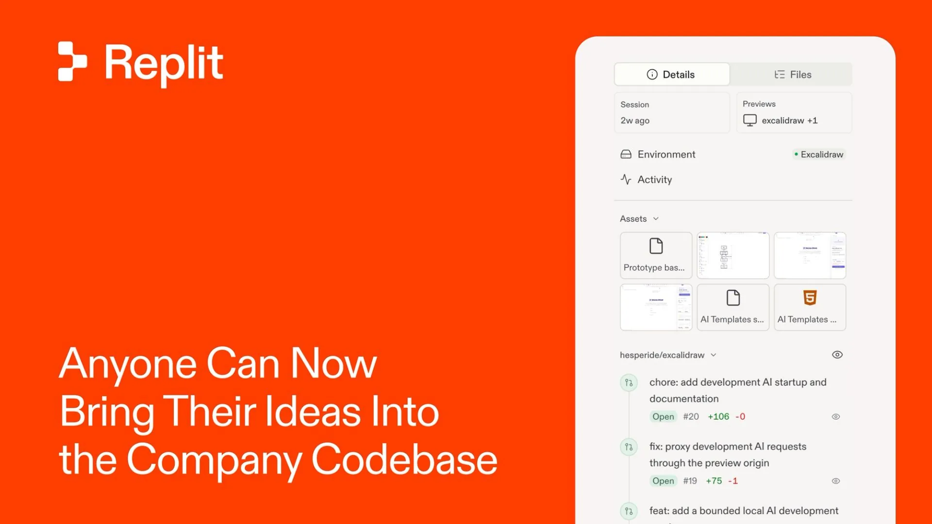 Replit post image with the headline on an orange field and a list of pull requests from a codebase