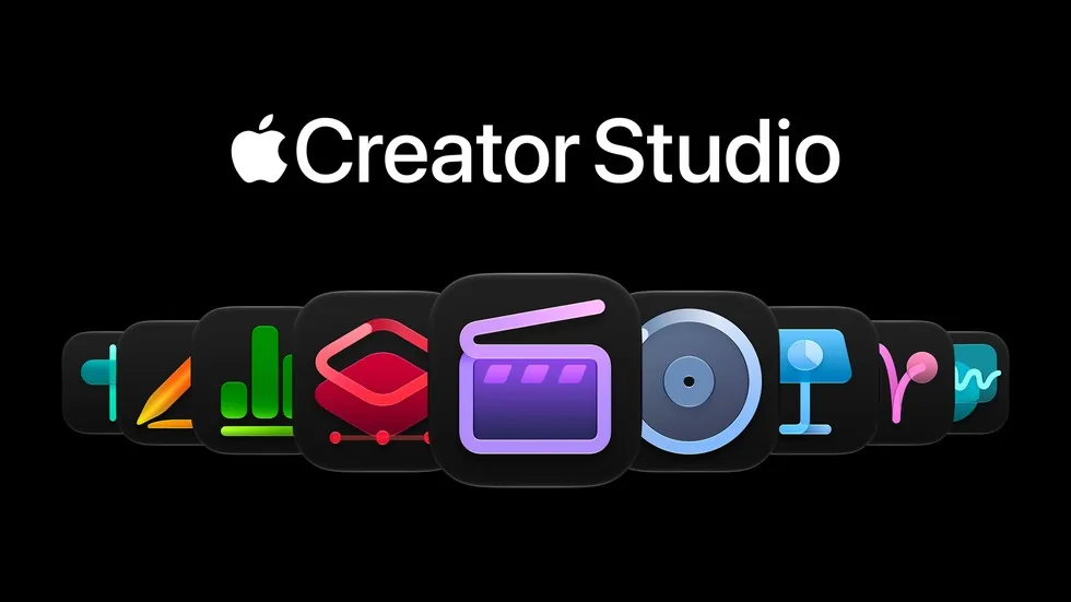 The Apple Creator Studio name and a row of creative-app icons on a black background