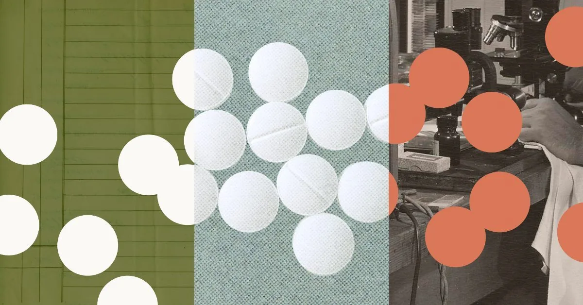 Research-page image split into a ledger, a pile of pills, and a laboratory microscope