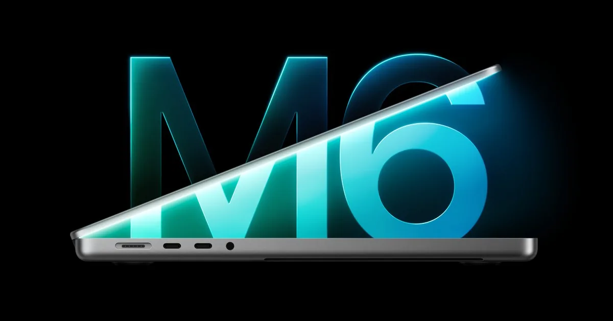 A side view of a 14-inch MacBook Pro on black, with a lit M6 mark behind it