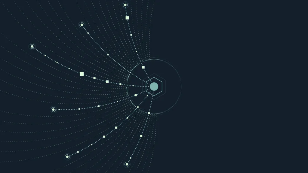 A hexagon on a dark field, with pale dotted lines spreading outward